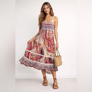 Zoey Boho Abstract Print Smocked Maxi Dress Girls 16 Fits Adult XS Festival Chic